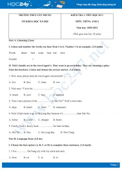 Đề kiểm tra 1 tiết HK1 môn Tiếng Anh 6 năm 2020 có đáp án trường THCS Tân Trung