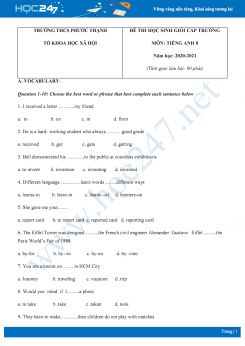Đề thi HSG cấp trường môn Tiếng Anh 8 năm 2020 có đáp án trường THCS Phước Thạnh