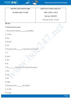 Bộ 2 đề kiểm tra 15 phút HK1 môn Tiếng Anh 8 năm 2020 có đáp án trường THCS Phước Hiệp