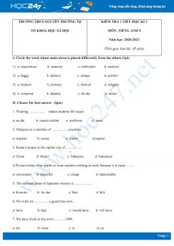 Đề kiểm tra 1 tiết HK1 môn Tiếng Anh 9 năm 2020 có đáp án trường THCS Nguyễn Trường Tộ