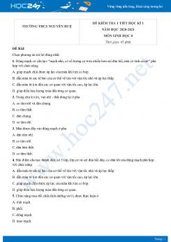 Đề kiểm tra 1 tiết HK1 môn Sinh học 8 năm 2020 Trường THCS Nguyễn Huệ có đáp án