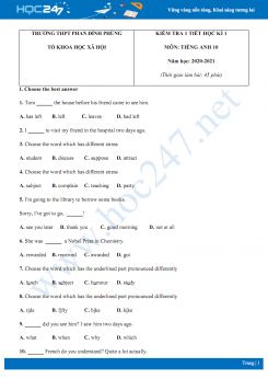 Đề kiểm tra 1 tiết HK1 môn Tiếng Anh 10 năm 2020 có đáp án trường THPT Phan Đình Phùng