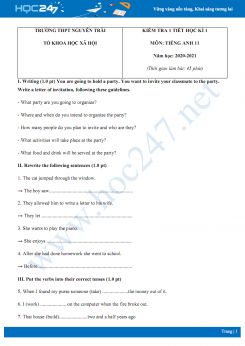 Đề kiểm tra 1 tiết HK1 môn Tiếng Anh 11 năm 2020 có đáp án trường THPT Nguyễn Trãi