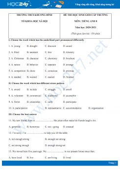 Đề thi HSG cấp trường môn Tiếng Anh 8 năm 2020 có đáp án trường THCS Khương Đình