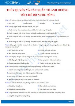 46 Câu hỏi trắc nghiệm ôn tập thủy quyển- các nhân tố ảnh hưởng tới chế độ nước sông Địa lí 10 có đáp án