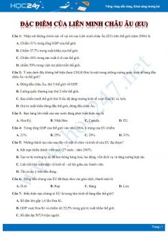 30 Câu hỏi trắc nghiệm về các đặc điểm của Liên minh Châu Âu Địa lí 11 mức độ nhận biết