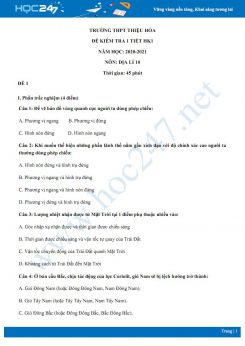 Bộ đề kiểm tra 1 tiết HK1 môn Địa lí 10 năm 2020 - Trường THPT Thiệu Hóa có đáp án