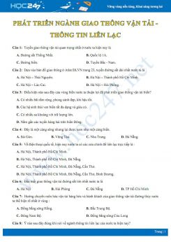 Bài tập trắc nghiệm vận dụng ôn tập ngành giao thông vận tải - thông tin liên lạc Địa lí 12 có đáp án