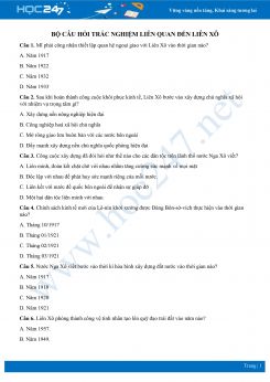 Câu hỏi trắc nghiệm ôn tập về Liên Xô có đáp án môn Lịch sử 12