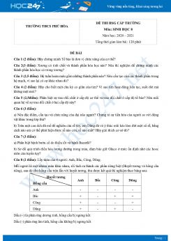 Đề thi HSG môn Sinh học 8 năm 2020 Trường THCS Phú Hòa có đáp án