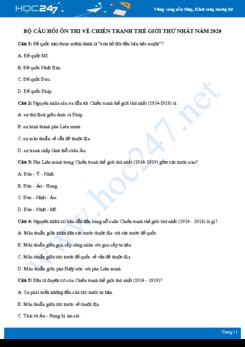 Bộ câu hỏi ôn tập về Chiến tranh thế giới thứ nhất có đáp án môn Lịch sử 11