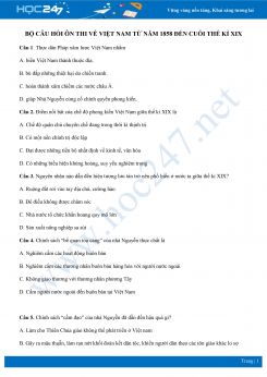 50 câu trắc nghiệm ôn thi về Việt Nam từ năm 1858 đến cuối thế kỉ XIX có đáp án môn Lịch sử 11