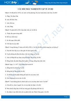 Bộ câu hỏi trắc nghiệm ôn tập về Lịch sử Ấn Độ có đáp án môn Lịch sử 11