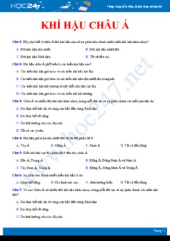 Câu hỏi trắc nghiệm ôn tập chủ đề khí hậu Châu Á Địa lí 8 có đáp án