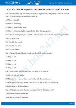 Câu hỏi trắc nghiệm ôn tập về Phong trào dân chủ 1936 - 1939 có đáp án môn Lịch sử 12