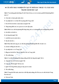 40 câu hỏi trắc nghiệm về Thời Bắc thuộc và cuộc đấu tranh giành độc lập có đáp án môn Lịch sử 10