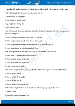 40 câu hỏi trắc nghiệm về Cách mạng Hà Lan và cách mạng tư sản Anh có đáp án môn Lịch sử 10