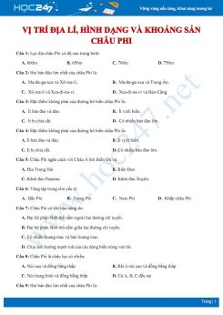 Bài tập trắc nghiệm Vị trí địa lí, hình dạng và khoáng sản ở châu Phi Địa lí 7 có đáp án