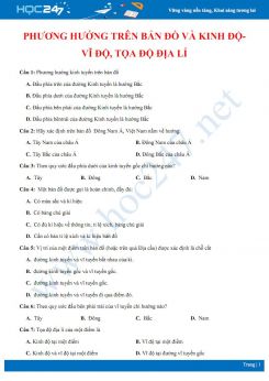 Bài tập trắc nghiệm ôn tập chủ đề Xác định tọa độ điểm trên bản đồ Địa lí 6 có đáp án