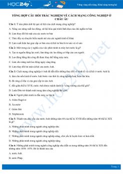 Tổng hợp câu hỏi trắc nghiệm về Cách mạng công nghiệp ở Châu Âu có đáp án môn Lịch sử 10