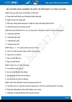Câu hỏi trắc nghiệm về Quốc tế thứ nhất và công xã Pa ri có đáp án môn Lịch sử 10