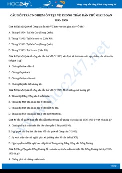 Bộ câu hỏi trắc nghiệm ôn tập về Phong trào dân chủ giai đoạn 1936- 1939 có đáp án môn Lịch sử 9