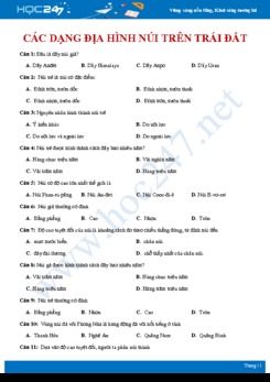 Câu hỏi trắc nghiệm ôn tập Các dạng địa hình núi trên Trái đất Địa lí 6 có đáp án