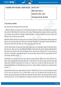 Đề thi HK1 môn Ngữ văn 10 năm 2020 Trường THPT chuyên - ĐHSP Hà Nội