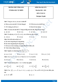 Đề kiểm tra HKI môn Toán 10 năm 2020 có đáp án trường THPT Vĩnh Long