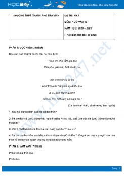 Đề thi HK1 môn Ngữ văn 10 năm 2020 Trường THPT Thành phố Trà Vinh có đáp án