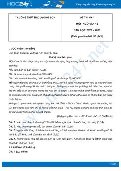 Đề thi HK1 môn Ngữ văn 10 năm 2020 Trường THPT Bắc Lương Sơn