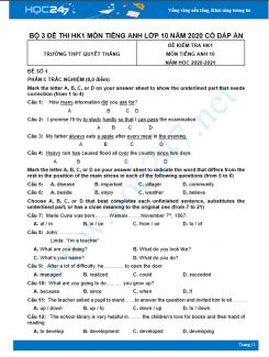 Bộ 3 đề thi HK1 môn Tiếng Anh lớp 10 năm 2020 Trường THPT Quyết Thắng