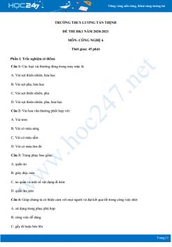 Đề thi HK1 môn Công nghệ 6 năm 2020 - Trường THCS Lương Tấn Thịnh có đáp án