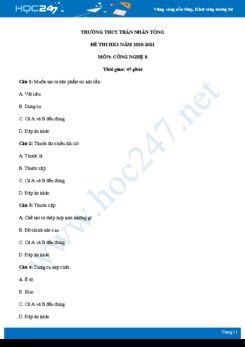 Đề thi HK1 môn Công nghệ 8 năm 2020 - Trường THCS Trần Nhân Tông có đáp án