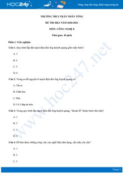 Đề thi HK1 môn Công nghệ 9 năm 2020 - Trường THCS Trần Nhân Tông có đáp án