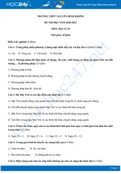 Đề thi HK1 môn Địa lí 10 năm 2020 - Trường THPT Nguyễn Bỉnh Khiêm có đáp án