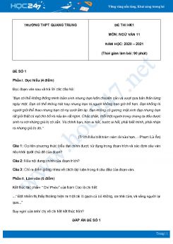 Bộ 2 đề thi HK1 môn Ngữ văn 11 năm 2020 Trường THPT Quang Trung
