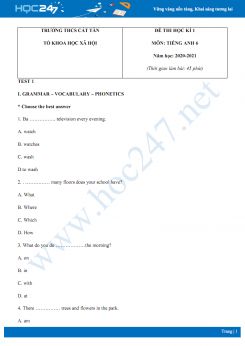 Bộ 2 đề thi HK1 môn Tiếng Anh 6 năm 2020 có đáp án trường THCS Cát Tân