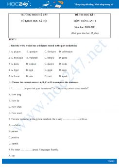 Bộ 2 đề thi HK1 môn Tiếng Anh 6 năm 2020 có đáp án trường THCS Mỹ Cát