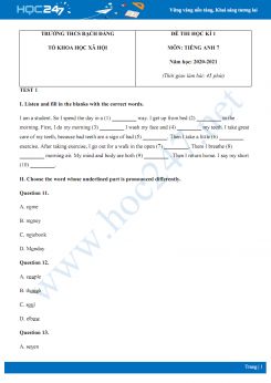 Bộ 2 đề thi HK1 môn Tiếng Anh 7 năm 2020 có đáp án trường THCS Bạch Đằng