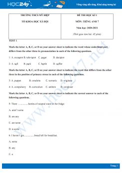 Bộ 2 đề thi HK1 môn Tiếng Anh 7 năm 2020 có đáp án trường THCS Mỹ Hiệp