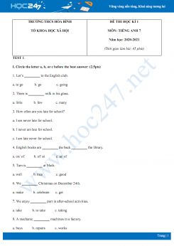 Bộ 2 đề thi HK1 môn Tiếng Anh 7 năm 2020 có đáp án trường THCS Hòa Bình
