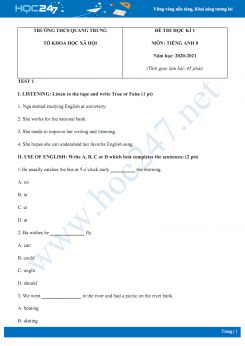 Bộ 2 đề thi HK1 môn Tiếng Anh 8 năm 2020 có đáp án trường THCS Quang Trung