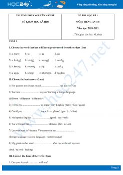 Bộ 2 đề thi HK1 môn Tiếng Anh 8 năm 2020 có đáp án trường THCS Nguyễn Văn Bé
