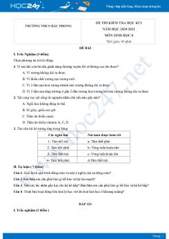 Đề thi HK1 môn Sinh học 8 năm 2020 Trường THCS Bắc Phong có đáp án