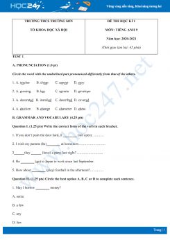 Bộ 2 đề thi HK1 môn Tiếng Anh 9 năm 2020 có đáp án trường THCS Trường Sơn