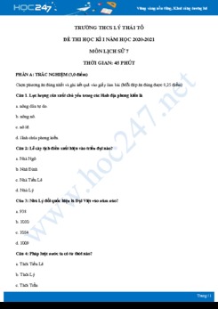 Đề thi HK1 môn Lịch sử 7 năm 2020 - Trường THCS Lý Thái Tổ có đáp án