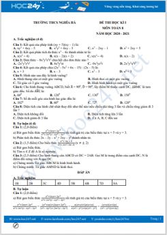 Đề thi HK1 môn Toán 8 năm 2020 có đáp án Trường THCS Nghĩa Hà
