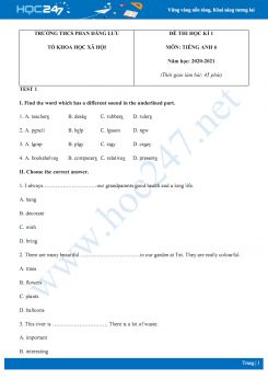 Bộ 2 đề thi HK1 môn Tiếng Anh 6 năm 2020 có đáp án trường THCS Phan Đăng Lưu
