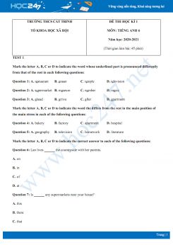 Bộ 2 đề thi HK1 môn Tiếng Anh 6 năm 2020 có đáp án trường THCS Cát Trinh